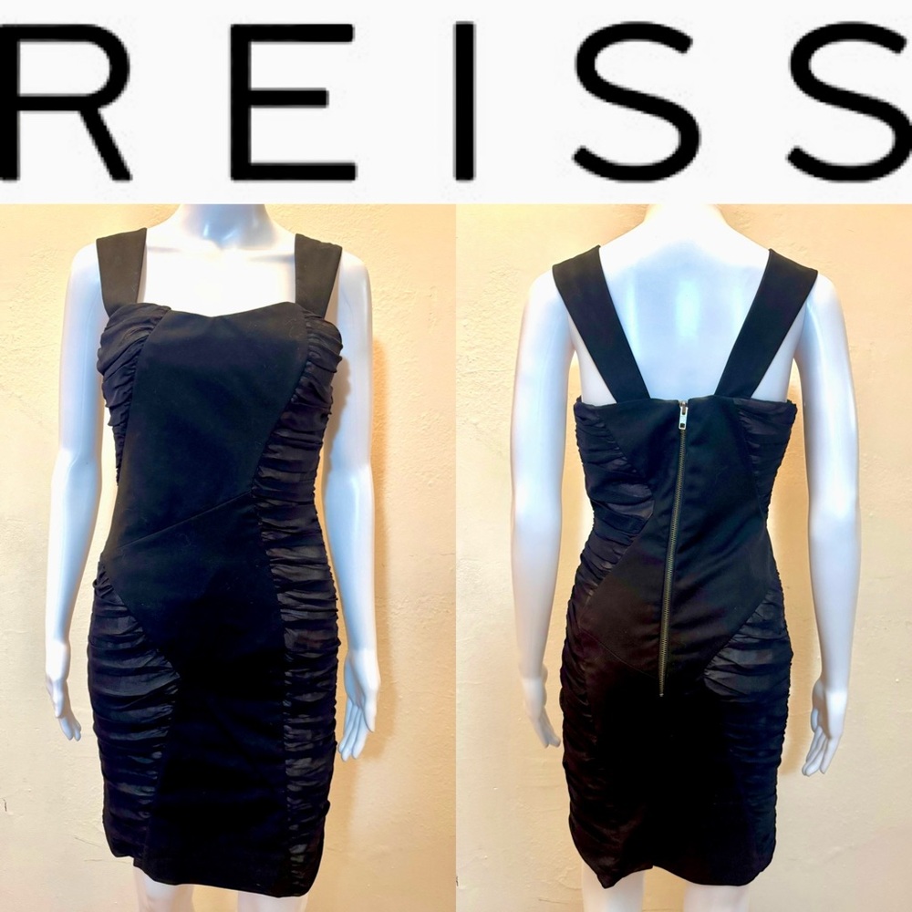 REISS Black Ruched Asymmetrical Sheath Cocktail Dress – Size US 4 (UK 8)